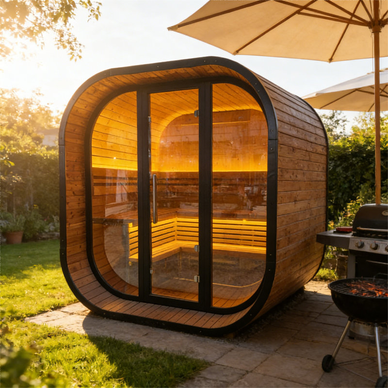 4-6 Person Outdoor Traditional Steam Sauna – Carbonized Spruce, Tinted Glass, Weather-Resistant Shingle Roof For Backyard Spa Relaxation