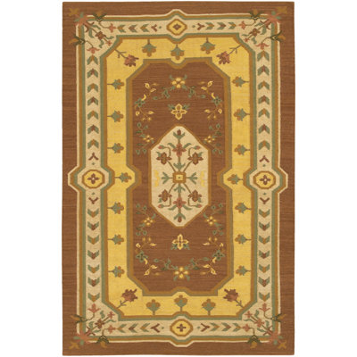Marshayla Authentic Hand-Woven Handmade Brown, Gold, Beige & Green Traditional Medallion Kilim Wool Area Rug