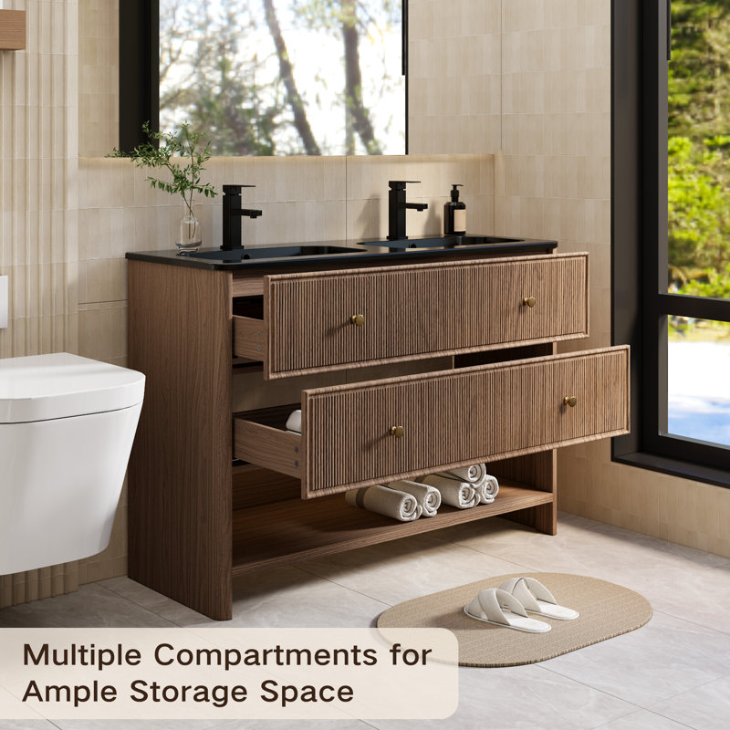 Meuble-lavabo double sur pied de style ferme moderne de 122 cm (48 po) avec comptoir Duo Experience, grand angle en R, tiroirs encastrés à fermeture amortie et poignées en laiton brossé.
