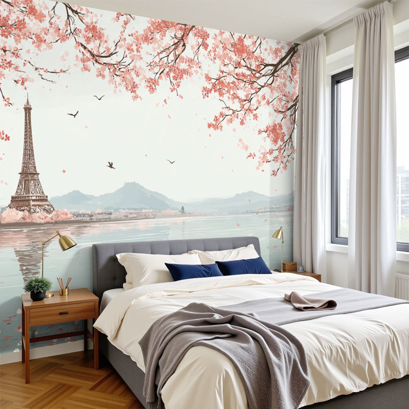 Peel and Stick Wallpaper 96" W x 69" H Modern Self Adhesive Wall Mural for Bedroom Paris Eiffel Tower Cherry Blossom Branches Birds River Mountains