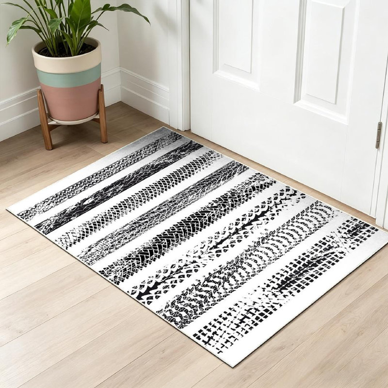 Black Machine Washable,Bicycle Tire Tracks Bike Track Indoor Area Rug, Rectangle 32 po x 47 po