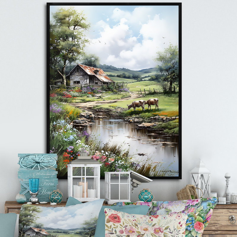 «Relaxing Farm Charm» - Art mural ferme, H 32 po x l 16 po x P 1 po, Cadre flottant noir