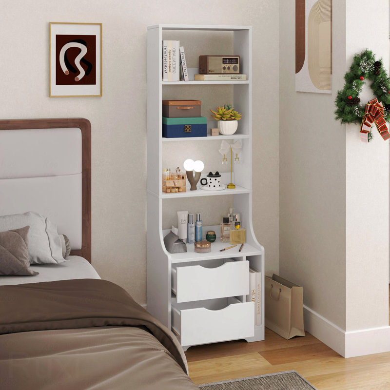 Table de chevet avec bibliothèque, table de chevet avec 2 tiroirs de rangement pour la chambre à coucher, Blanc