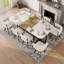 Ensemble repas pour 8 personnes avec table en grain de bois imitation marbre blanc et 8 chaises en velours beige, moderne