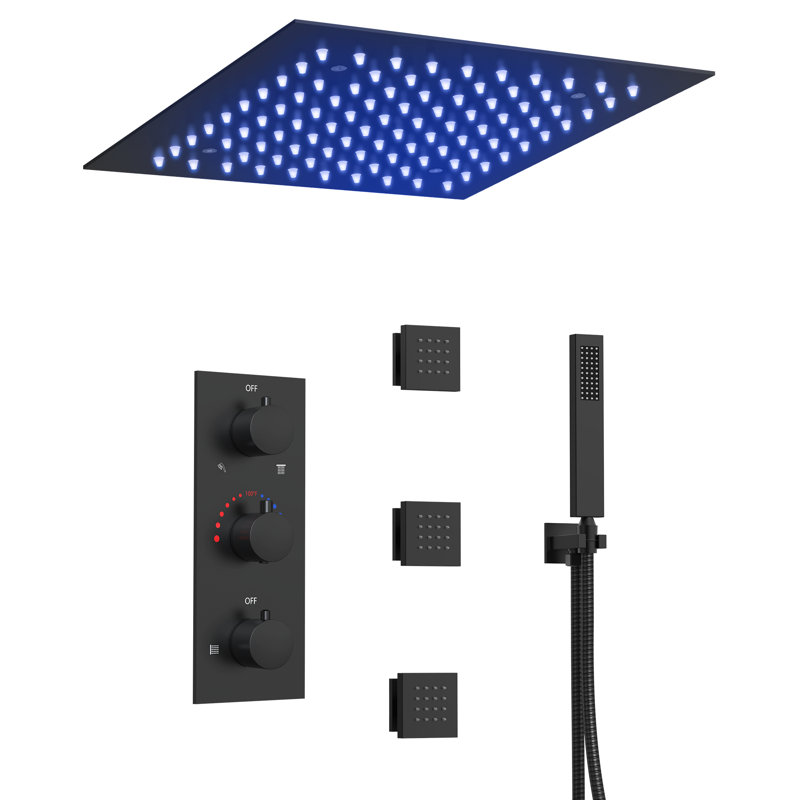 LED Thermostatic Shower System 12" High-Pressure Rainfall Shower Faucet with Rough-In Valve, Matte Black
