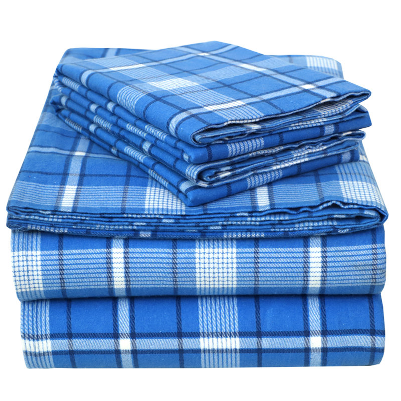 Ensemble de draps en flanelle écossais, Ensemble de draps pour très grand lit californien, À carreaux, bleu