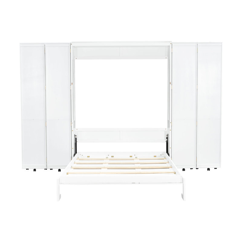 Grand lit blanc, élégant et pratique, avec lit escamotable latéral pour maximiser l'espace, solution de rangement à pousser, système hydraulique pliable