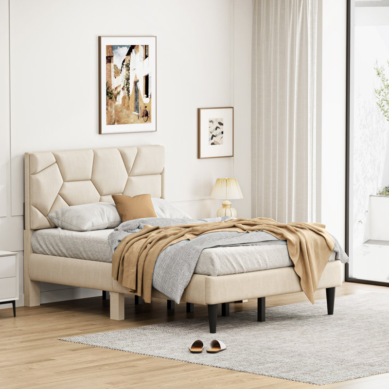 Size Bed Frame With Storage Headboard, Metal Platform Bed No Noise, Mattress Foundation Strong Metal Slats Support No Box Spring Needed