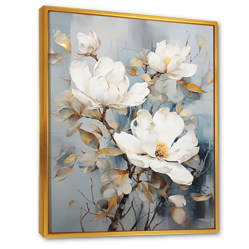 Minimalisme Magnolias sur toile, Cadre flottant doré, H 32 po x l 16 po x P 1 po