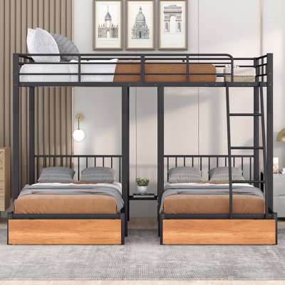 Full Over Twin And Twin Bunk Bed, Metal Triple Bunk Bed With Drawers And Guardrails