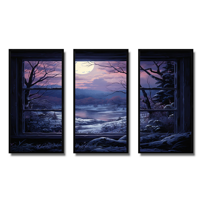 «Purple River Winter Windows III - Winter Landscape», art mural, Cadre flottant noir, H 40 po x l 61 po x P 1 po