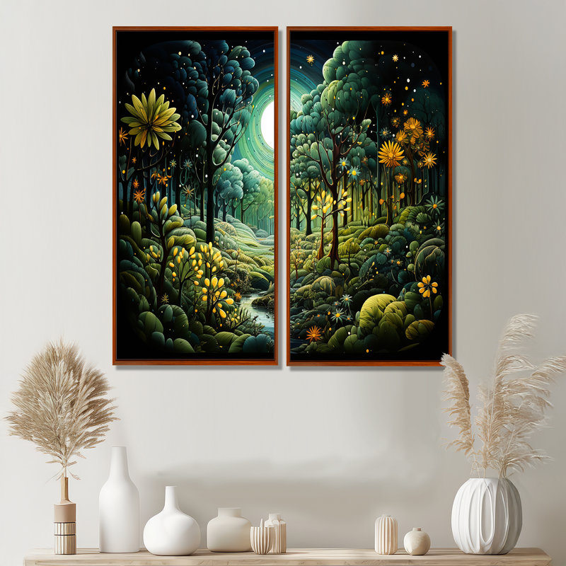 Forêt, forêt enchantée, pointillisme II, ensemble d'art mural forêt, 40" H x 40" W, Impression encadrée flottante, Brown