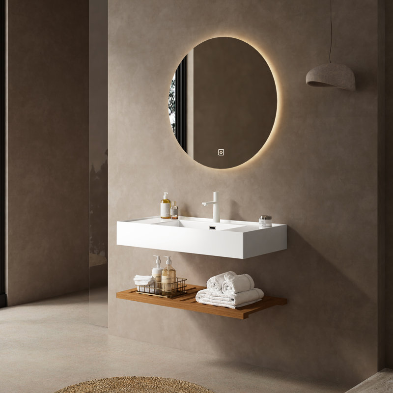 36" Bathroom Vanity - Vessel Sink, White Acrylic Basin, Dark Walnut Shelves, Storage Concept Rectangular Attractive Design