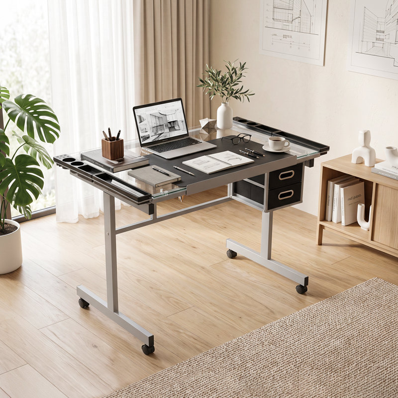Table de travail à roulettes avec plateau réglable en verre trempé