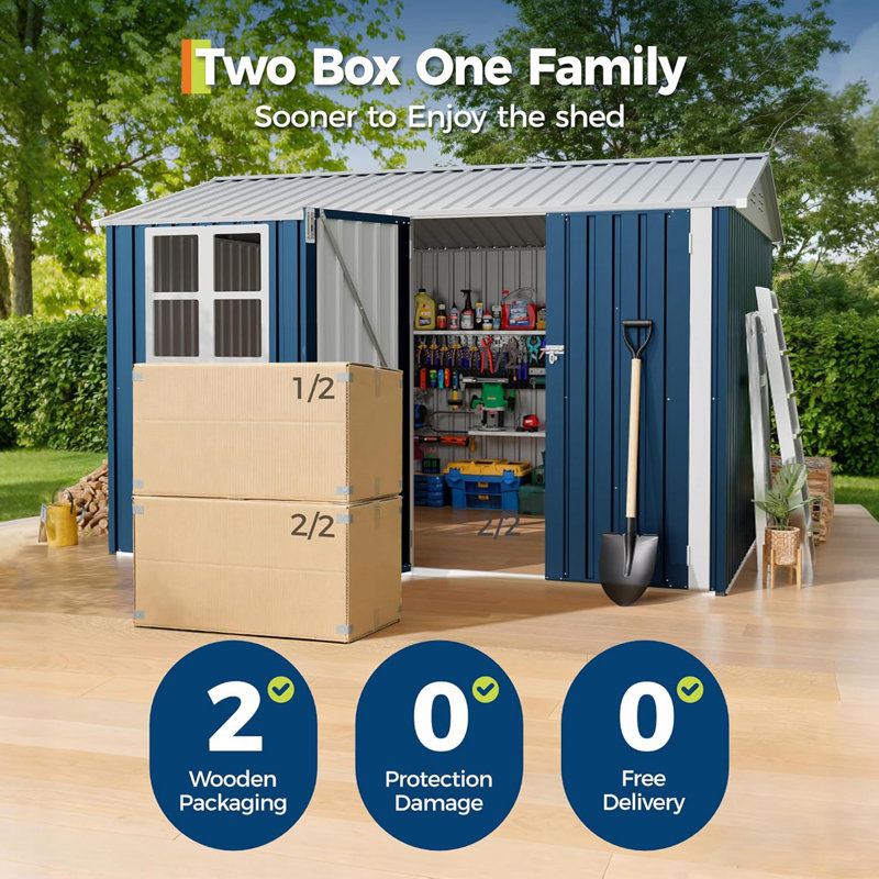 10 ft. W x 8 ft. D Outdoor Metal Storage Shed with Window & Lockable Door, Blue, Blue
