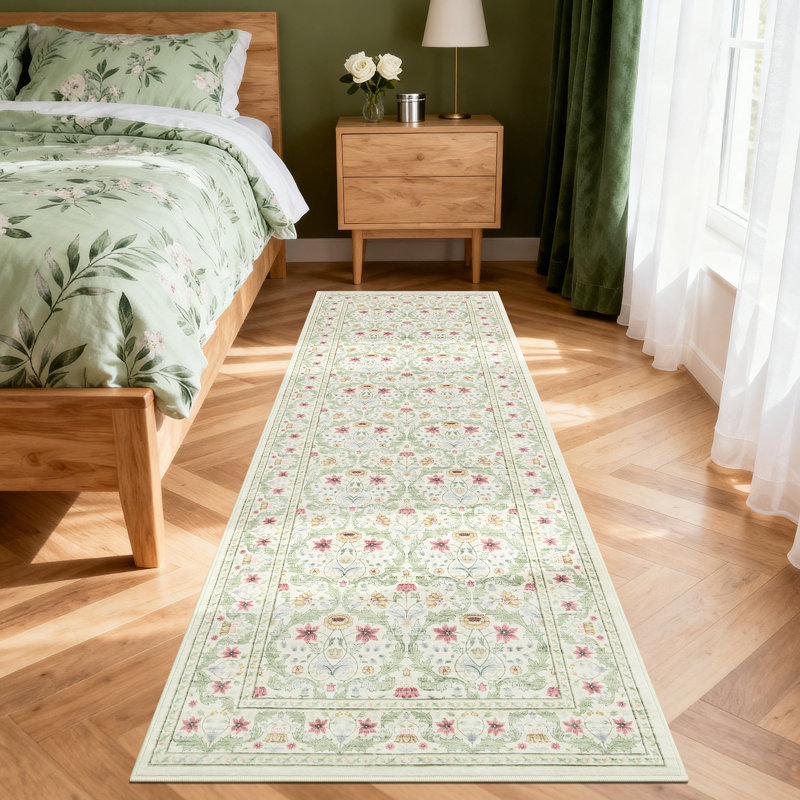Floral Washable Living Room Rug Non Slip, Low Pile Foldable Printed Mat, Soft Non Shedding Floor Covering, Runner 2' x 6'