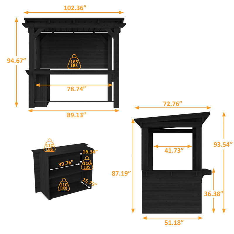 8,5 pi X 6 pi Pavillon de jardin en bois de cèdre avec armoire de rangement et support pour téléviseur, Black
