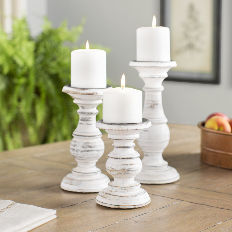 Mango Wood Turned Style Pillar Candle Holders, White/Rose Blush