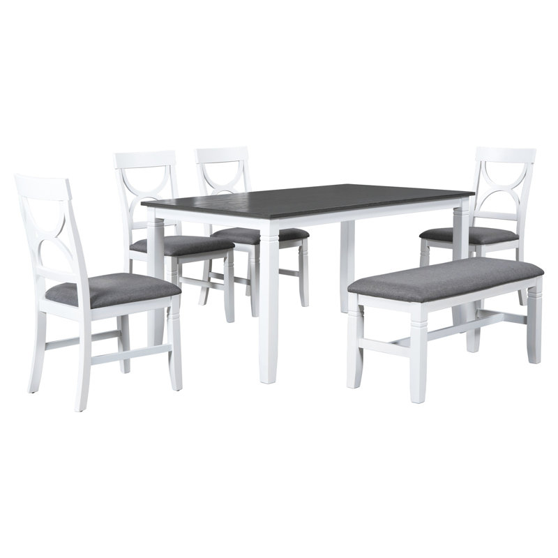 Ensemble de table de salle à manger en bois 6 pièces avec banc rembourré et 4 chaises de salle à manger, style campagne, gris et blanc