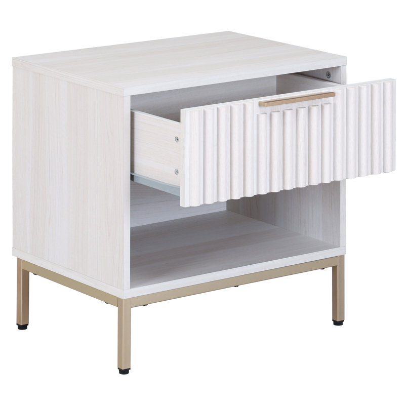 Table de chevet 1 tiroir Lylia, Blanc blanchi / or