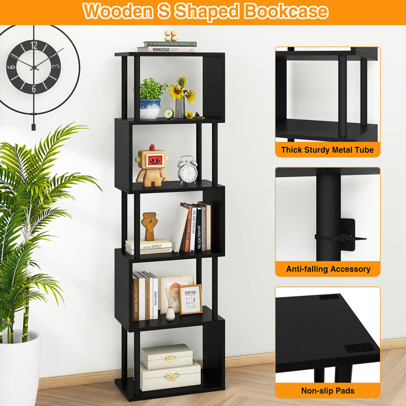 155.5cm H x 38cm W Steel Geometric Bookcase, Black