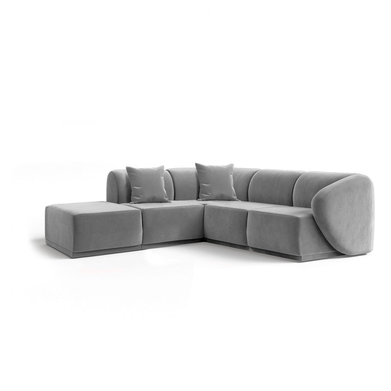 5 Seater Velvet Sofa & Chaise, Grey Velvet, Left Hand Facing