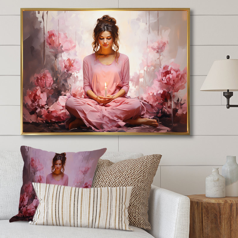 «Pink Yoga Mediation» sur impression sur toile, Cadre flottant doré, H 24 po x l 32 po x P 1 po