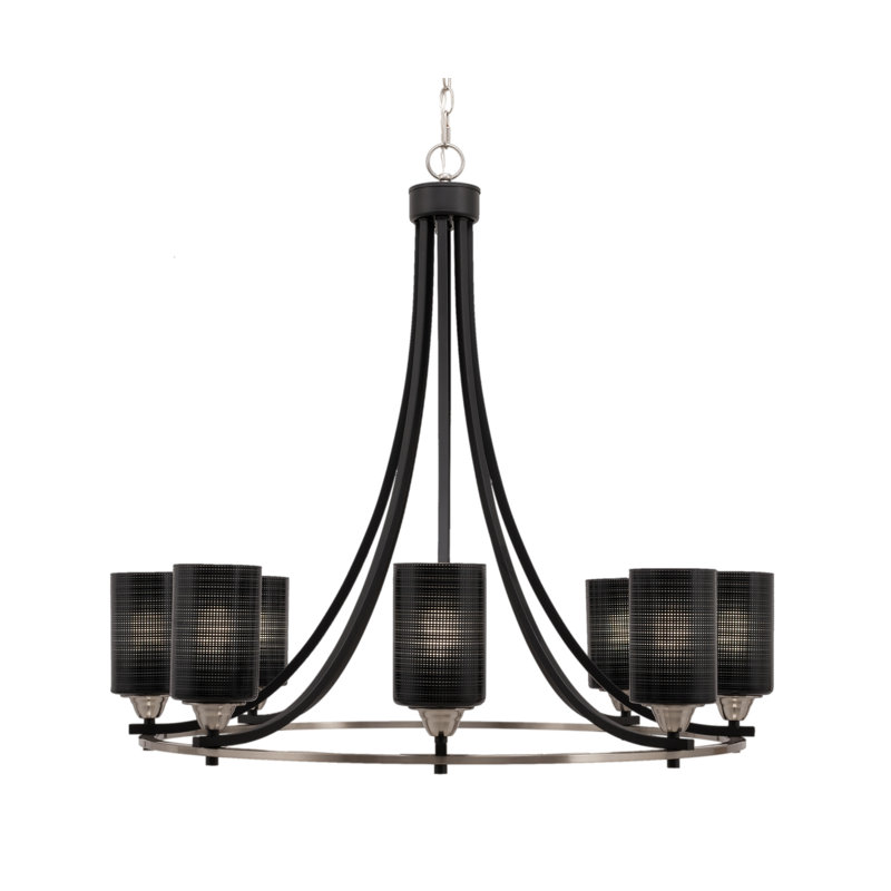 Nicia Paramount 8 Light Uplight Chandelier With 4" Matrix Glass, Matte Black/Brushed Nickel, White