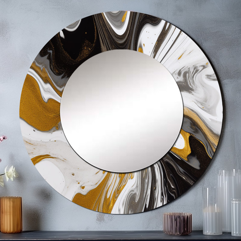 Symphonie de marbre doré noir - grand miroir mural abstrait, miroir rond moderne unique, impression d'art en métal