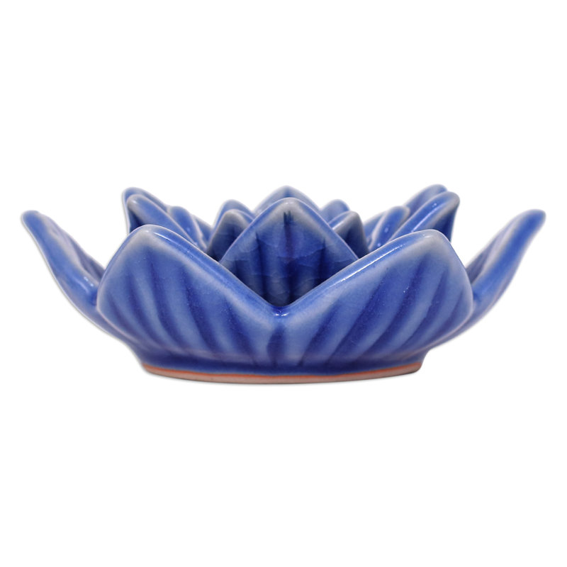 Bungalow Rose Handmade Lotus Flower In Blue Celadon Ceramic Candle Holder