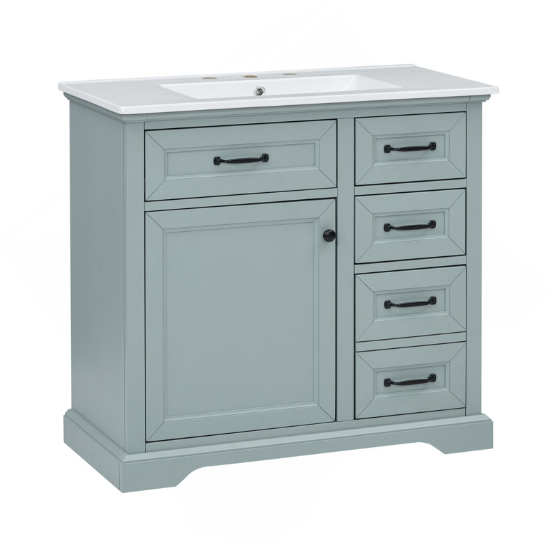 36" Bathroom Vanity With Sink, Ceramic Sink, 2 Tip-Out Drawers, Soft Close Door Hinges, Grey, Grey