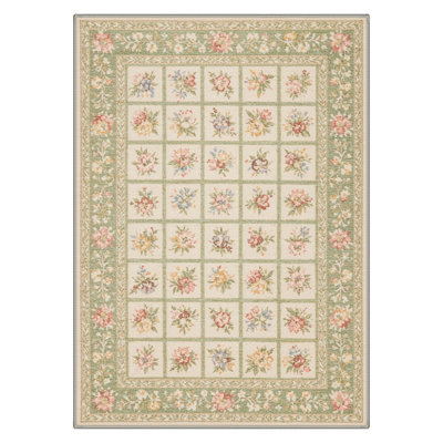 Aaron Cottagecore Floral Machine Washable Green / Beige Indoor Area Rug with Non-Slip Backing