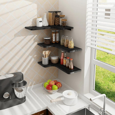 Ensemble de 3 tablettes d'angle flottantes, présentoir mural en forme de L avec trou pour cordon, tablettes en bois peu encombrantes pour salle de bain, cuisine, salon