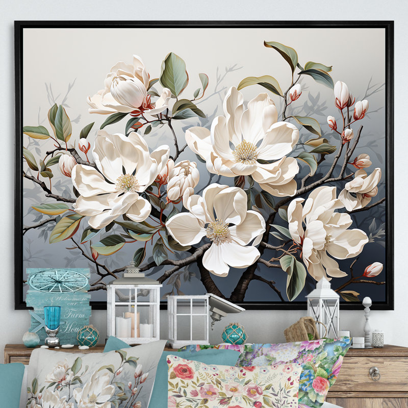 «Whispered Beige Magnolias Serenade I», art mural Magnolias, Cadre flottant noir, 12" H x 20" W
