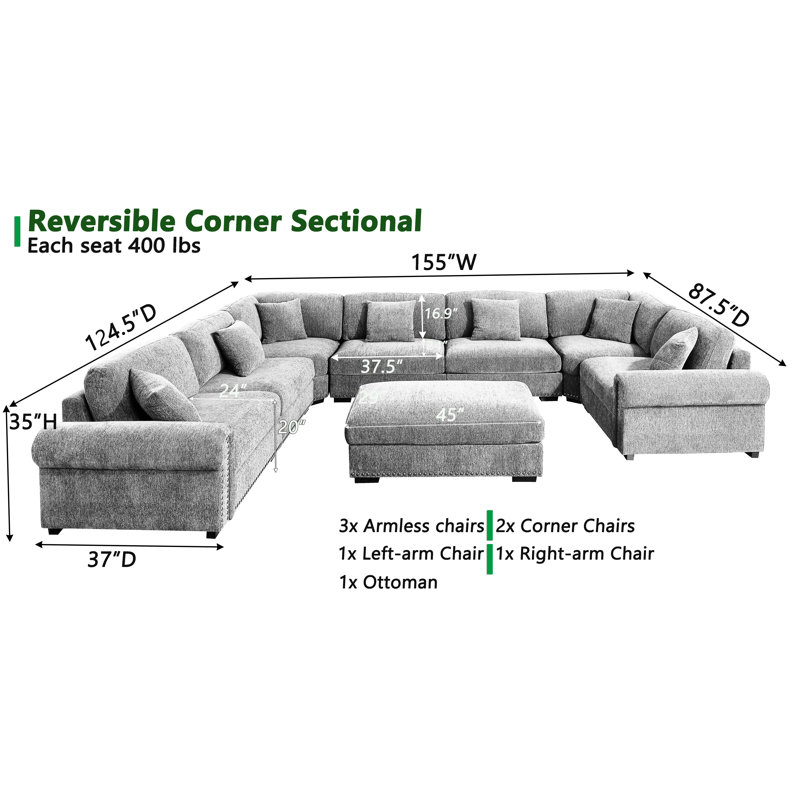 Errett Modern Fabric Reversible 8 Seater Corner Sectional With Movable Ottoman, Light Gray Polyester
