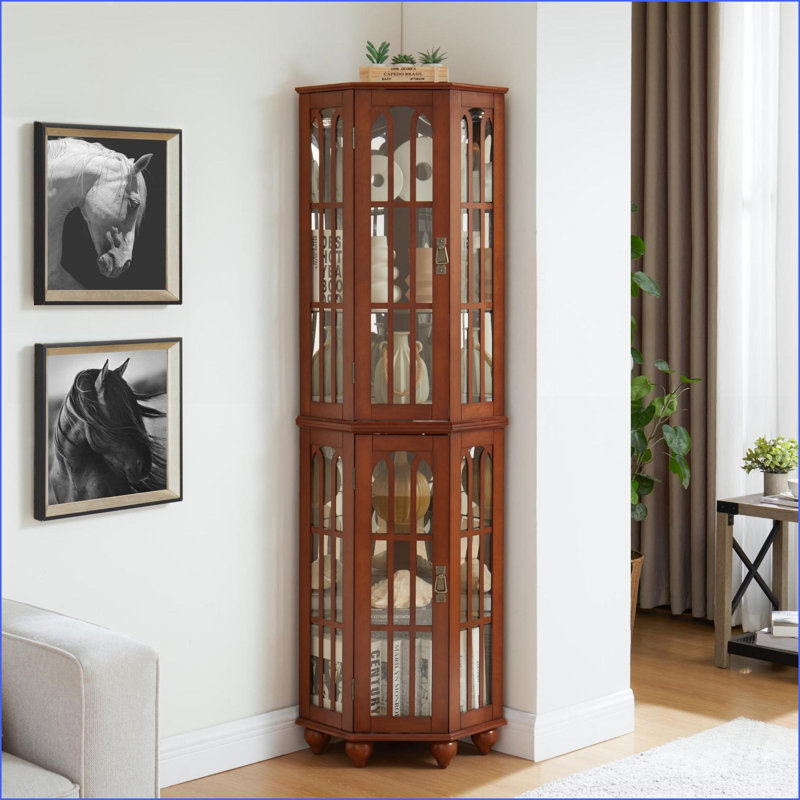 Cabinets Corner Curio with Adjustable Glass Shelves, Lighting, Solid Wood Legs | 70"H x 22"W x 16.95"D | Traditional | Solid Wood+MDF