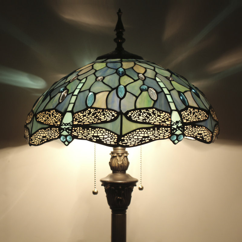 Tiffany Floor Lamp Stained Glass Dragonfly Style 16X16X70 Inch Antique Standing Reading Light, Sea Blue