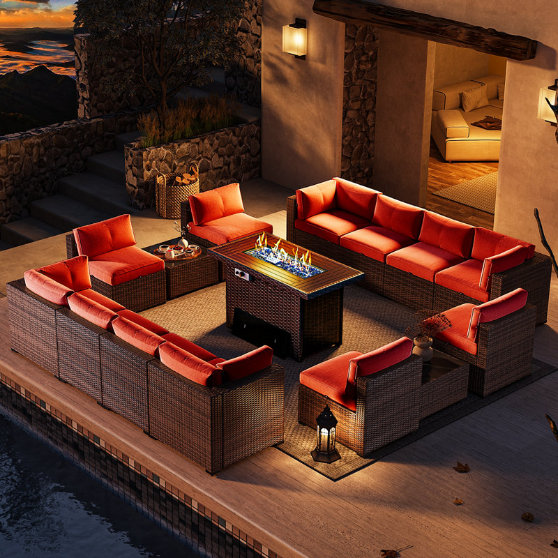 Tomijs 15 Piece Rattan Sofa Seating Group with Fire Fit Table, Red, Gray
