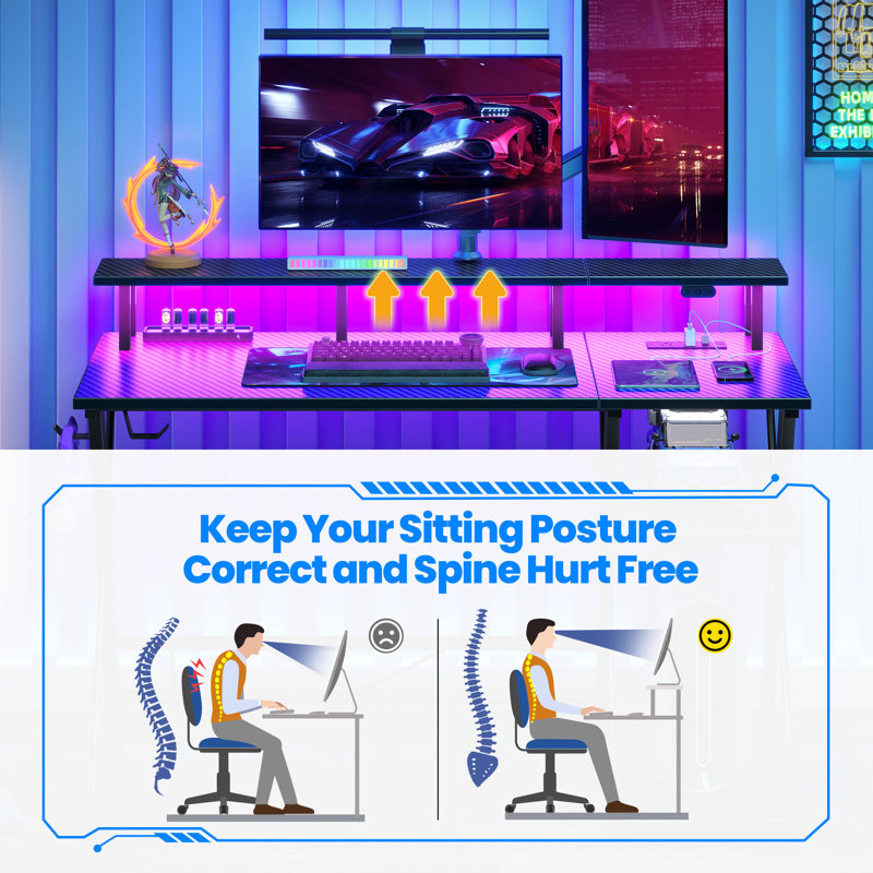 Computer Desk with LED Lights & Power Outlets, Gaming Desk with Monitor Stand and Storage Shelves