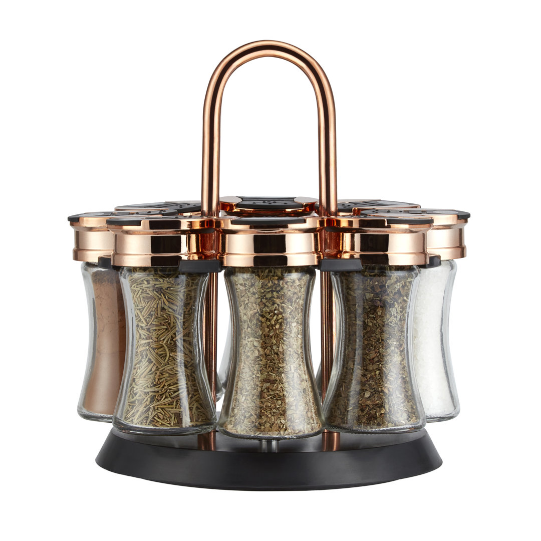 Tower T826020RM Rose Gold, Rotating Spice Rack with 8 Jars, Pre Filled with Spices
