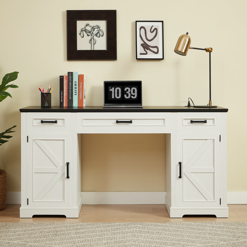 Farmhouse Executive Desk With Charging Station, Computer Desk With Drawers And Large Storage Cabinet, Black