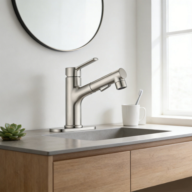 Single Handle Single Hole Bathroom Faucet With With Pull Out Sprayer, Drain Assembly, Brushed Nickel