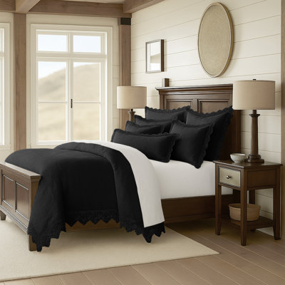 Elsie Lace Ebony Cotton Duvet Cover Set 6 Pieces