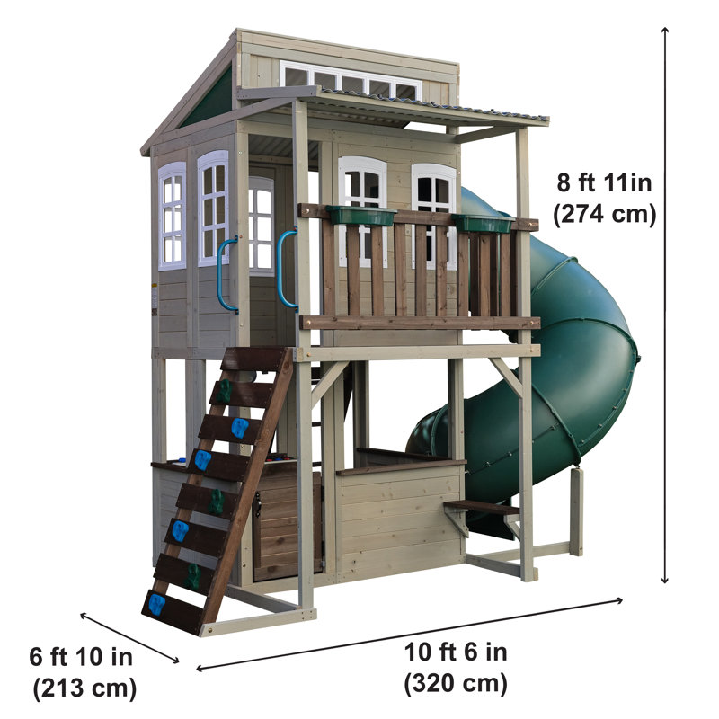 Cozy Escape Wooden Outdoor Two-Story Playhouse with Tube Slide, Kitchen, Rock Wall and Bench - Natural