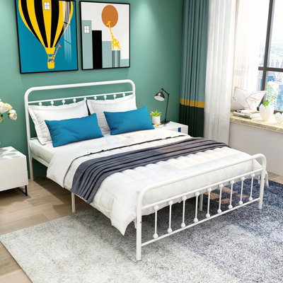 Queen Size Sturdy Metal Platform Bed Frame with Victorian Style Headboard, Footboard, and Under Bed Storage