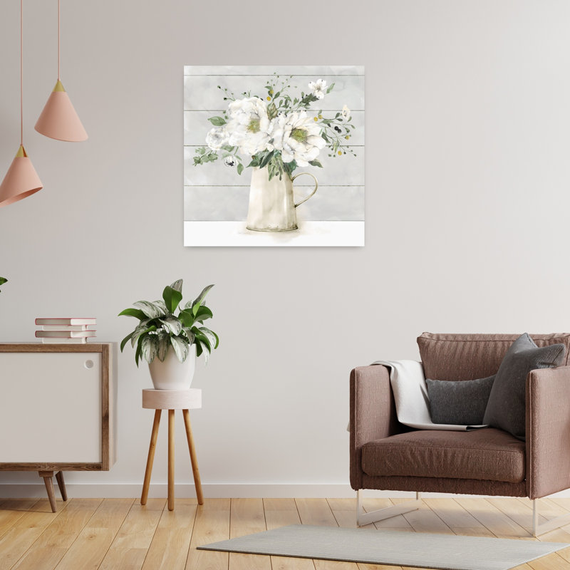 «White Farmhouse Bouquet Elegant Peaceful Romantic Pivoine», art mural, H 24 po x l 24 po