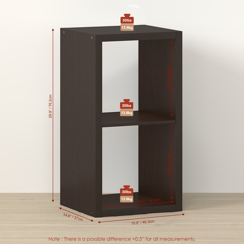 2-Cube Bookcase, Thick Frame, Black Dark Oak, Dark Oak, (2 Shelves) 29.92" H x 15.87" W x 14.57" D