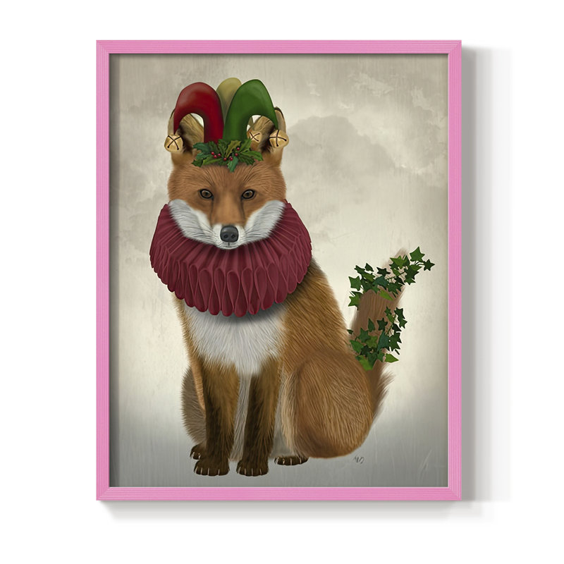 «Christmas Holly and Ivy Fox», reproduction encadrée - bois massif, Rose, H 21 po x l 17 po