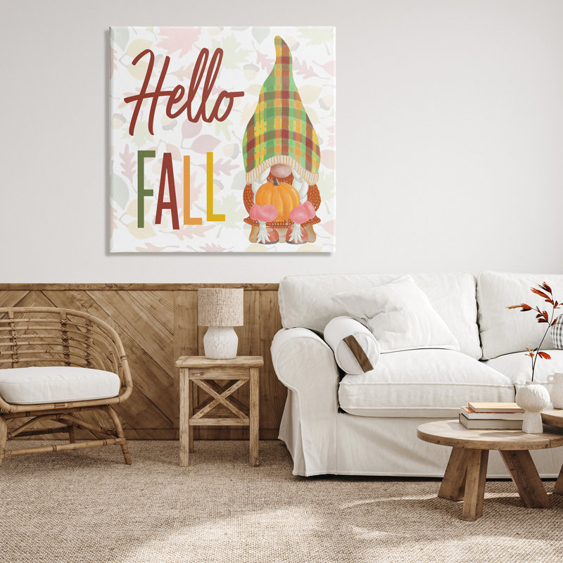 «Hello Fall Cozy Tartan Gnome» tenant une citrouille noire, estampe numérique, art texturé par Andi Metz, Toile tendue