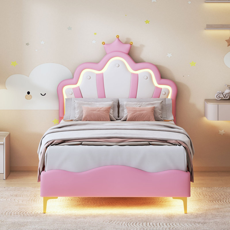 Kids Princess Bed Frame with LED Lights, PU Upholstered Headboard, Adjustable Height Headboard, Girls Bedroom Furniture, Pink